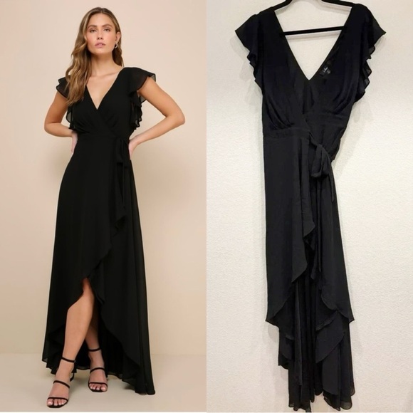 Sz M - NWOT Lulus Ravishing Charm Black Ruffled Wrap High-Low Maxi Dress‎ - Picture 1 of 8